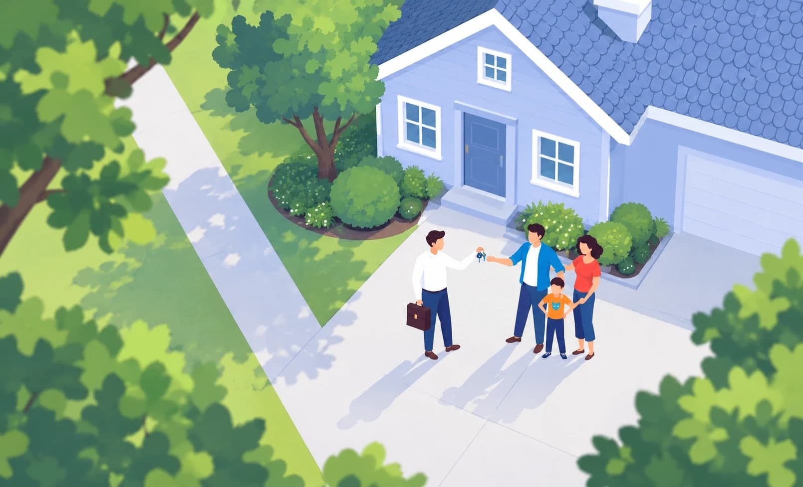 Illustration of a family receiving the keys to their new home in front of a blue house